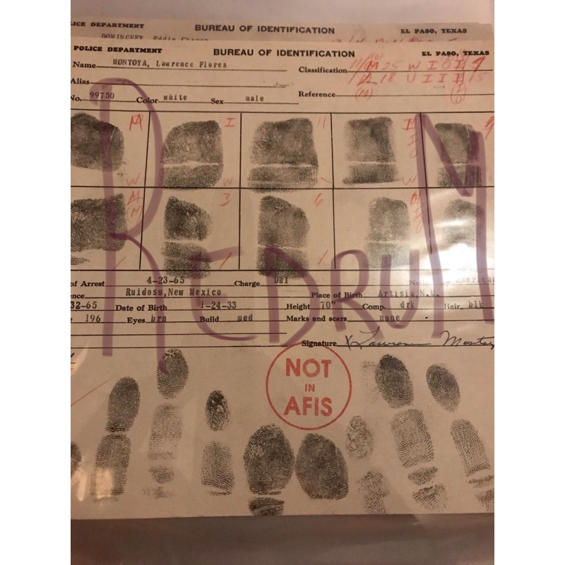 Lawrence Montoya original fingerprint chart El Paso from 1965