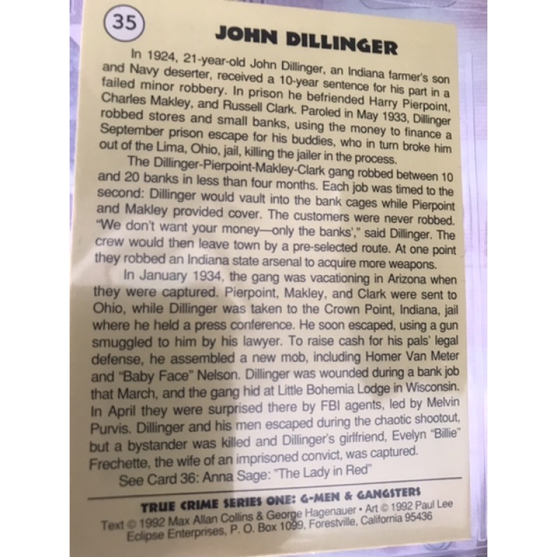 John Dillinger signed True Crime card éclipse série I no.35 from 1992