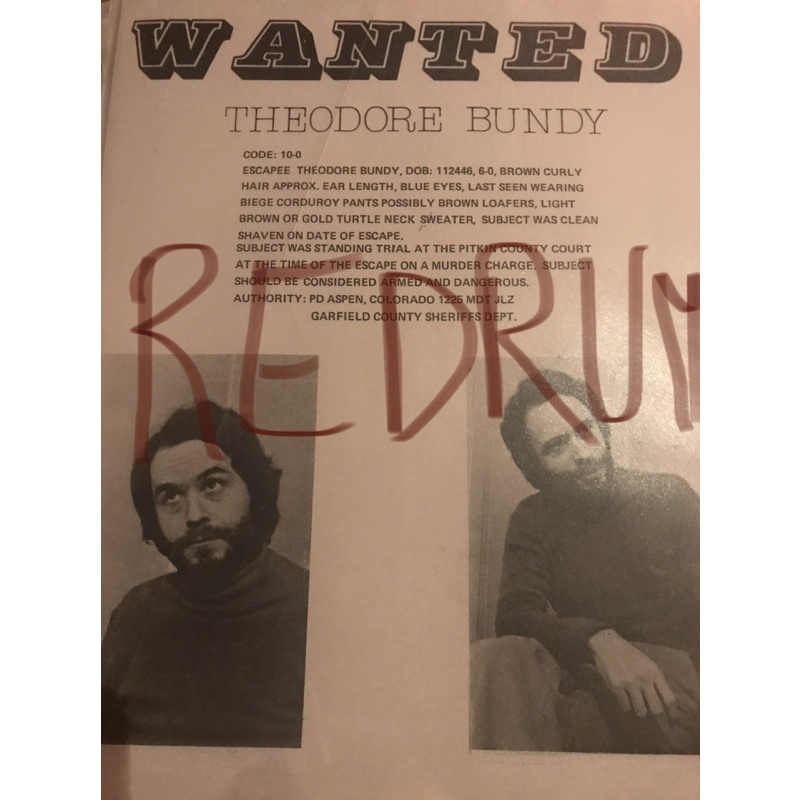 Theodore Bundy Wanted poster 8.5 x 11 after his escape from Aspen Colorado in 1977