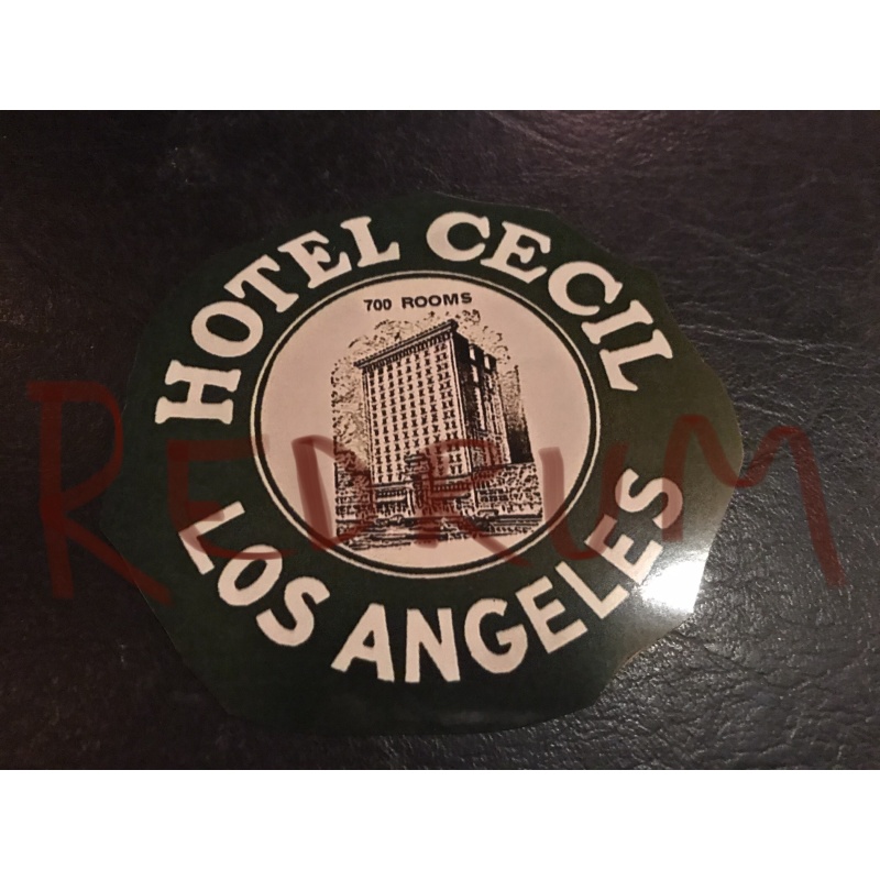 Cecil Hotel luggage label 2.5 x 2.5 Los Angeles residence of Richard Ramirez