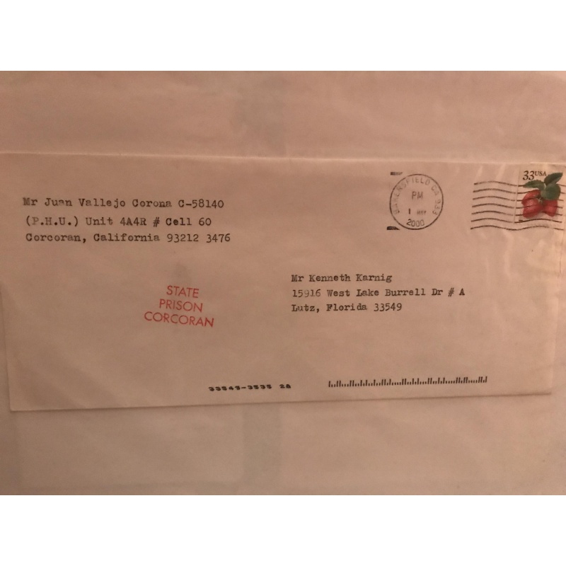 Deceased - Juan Vallejo Corona envelope sent from Corcoran Prison from 2000