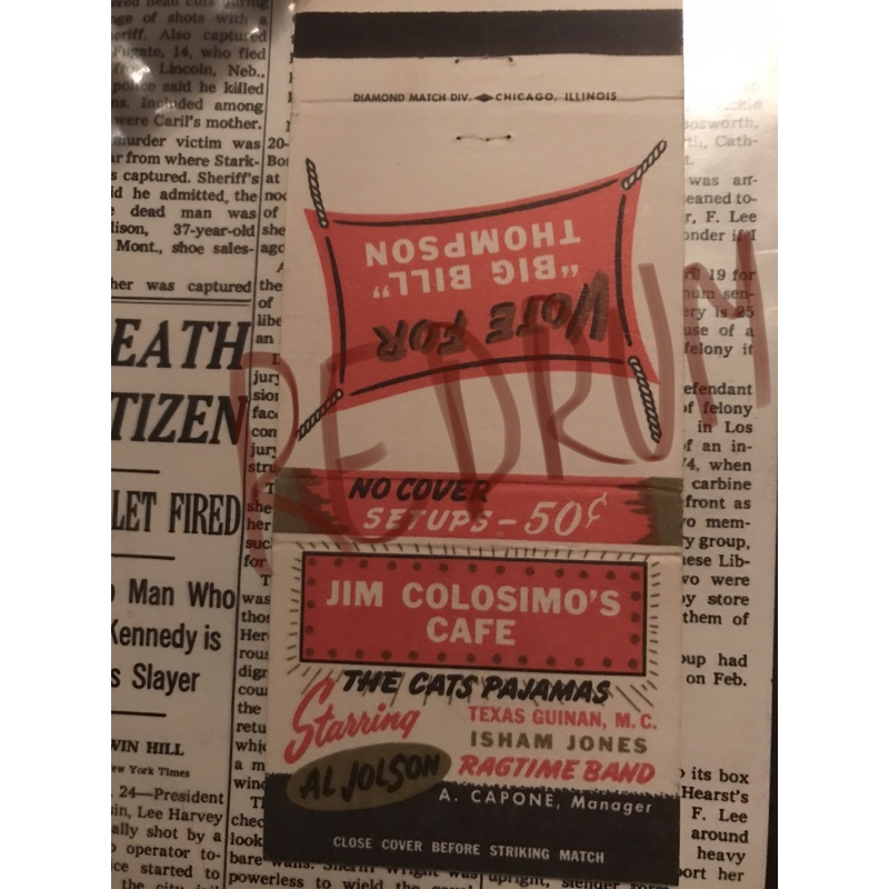 Jim Colosimo restaurant REPRODUCTION matchbook from the  1920