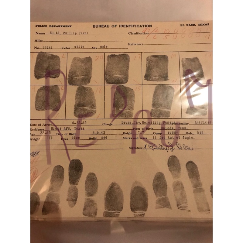 Phillip Ellis original fingerprint chart El Paso Texas 1965