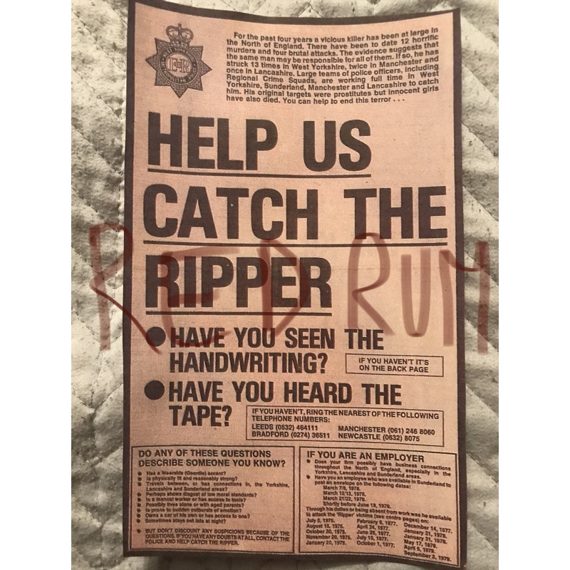 Peter Sutcliffe poster Help is catch the Ripper 1979