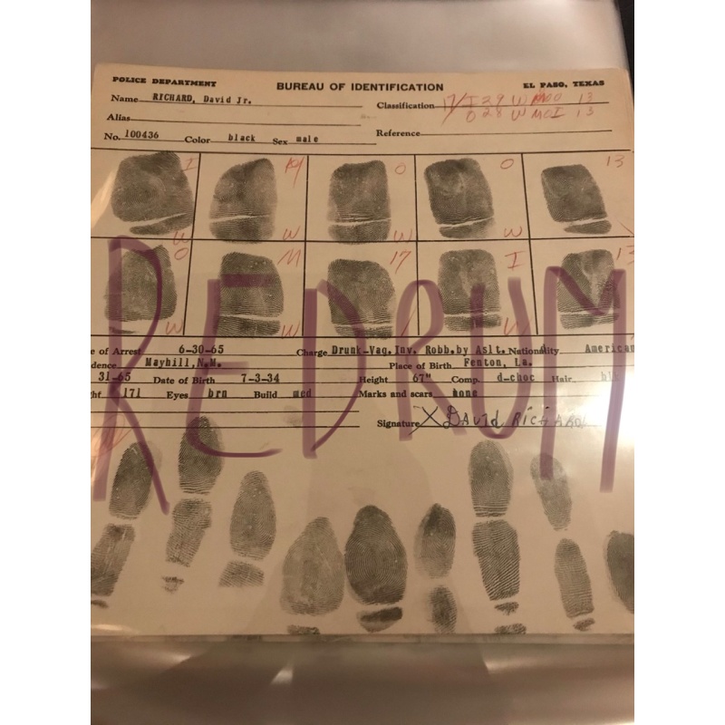 Richard David  Jr. Original fingerprint chart El Paso, Texas from 1965