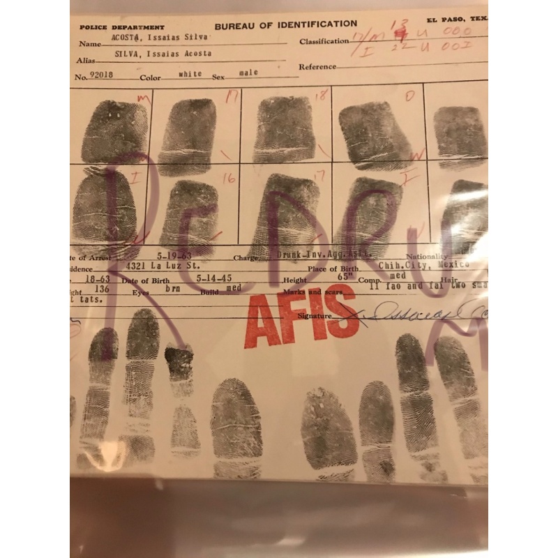 Issaias Acosta original fingerprint chart El Paso Texas from 1963