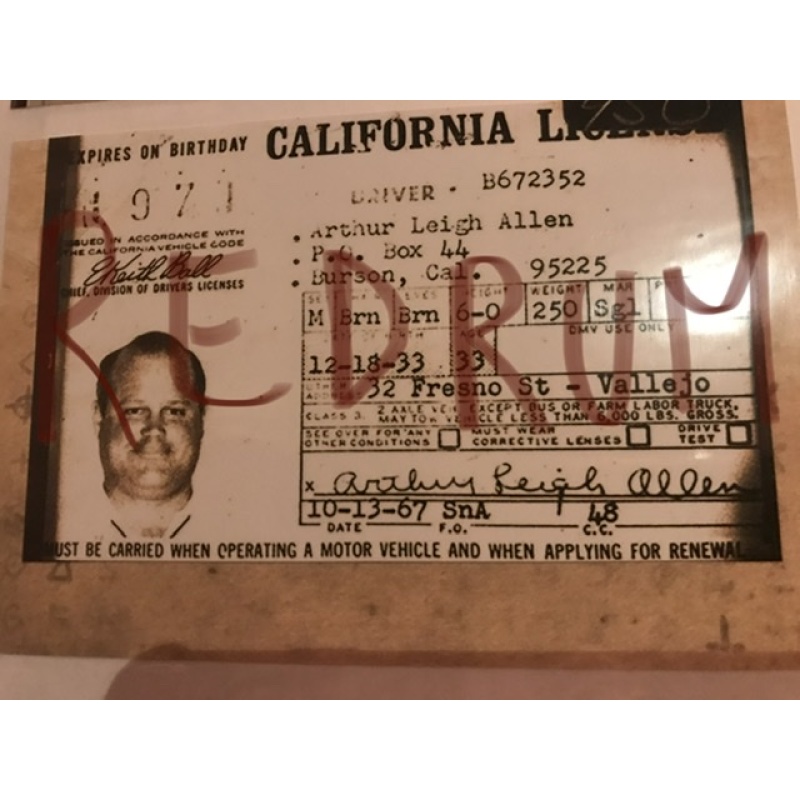 Arthur Leigh Allen 4 x 6 photograph of his drivers license from 1967