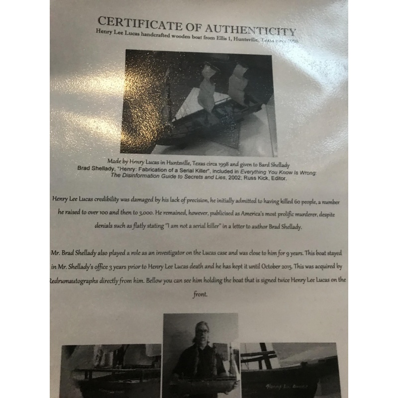 Deceased - Henry Lee Lucas 32 inches crafted wooden boat from Huntsville Texas from 1998 - published in Confession of a Killer