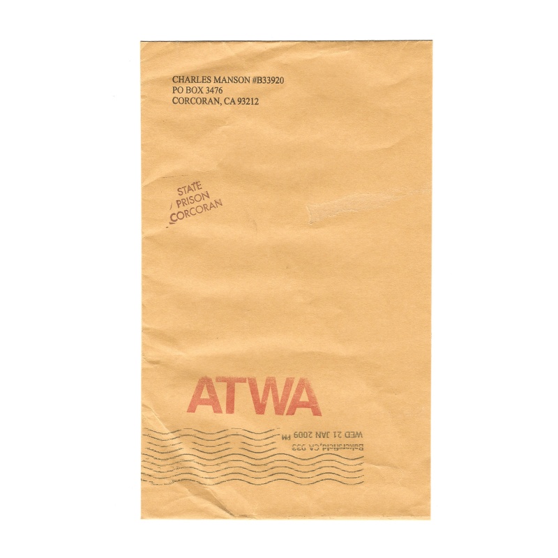 Charles Manson Printed Address Portion, Large Brown Envelope, State Prison Corcoran, Manson Family, ATWA