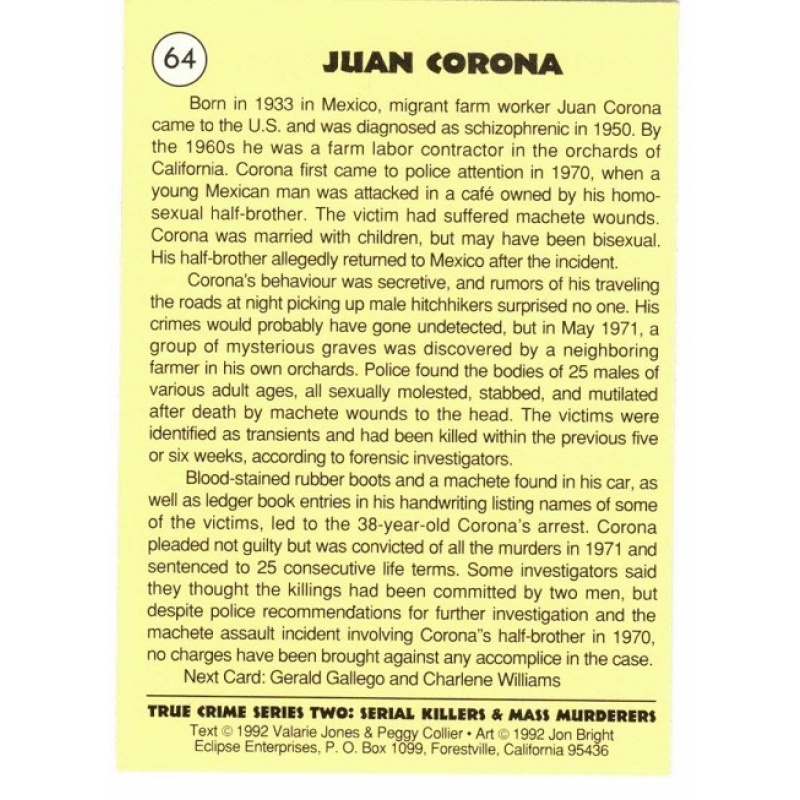 JUAN CORONA SERIES 2 TRUE CRIME TRADING CARD; CARD NO. 64