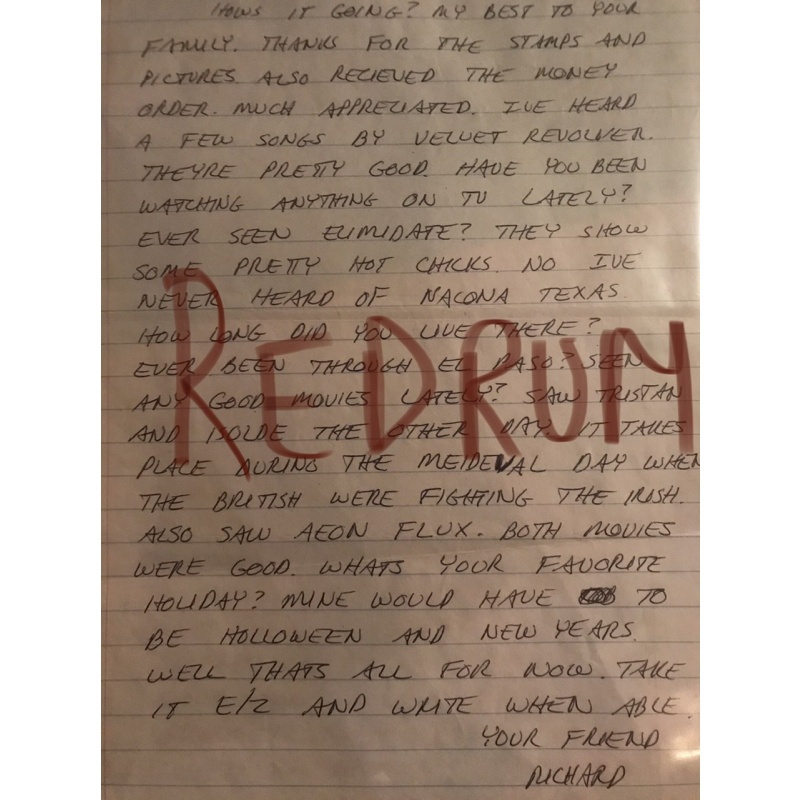 Deceased - Richard Ramirez The Night Stalker original one page letter with envelope from Feb 2008