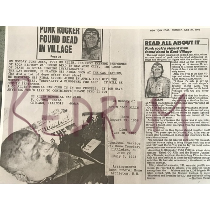 GG Allin memorial fan club 2 pages originally sent by John Gacy in 1993