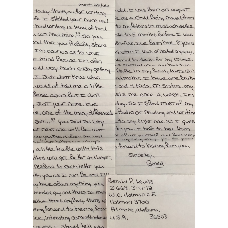 DECEASED SERIAL KILLER GERALD LEWIS HANDWRITTEN LETTER/ENVELOPE SET