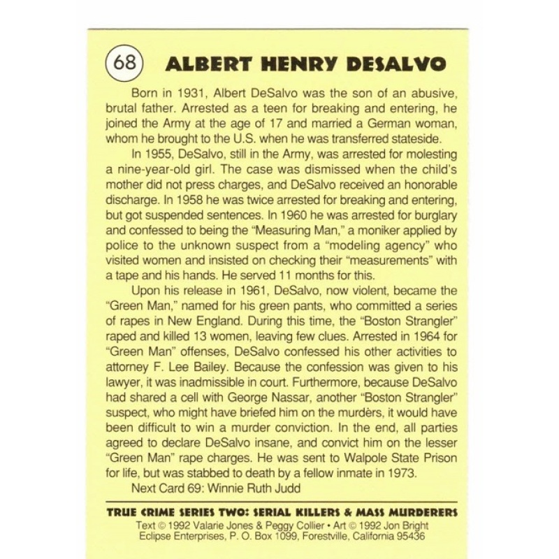 ALBERT DESALVO SERIES 2 TRUE CRIME TRADING CARD; CARD NO. 68