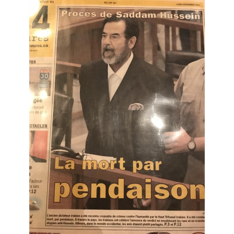 Saddam Hussein original French  newspaper receiving death by granting sentence from 2006