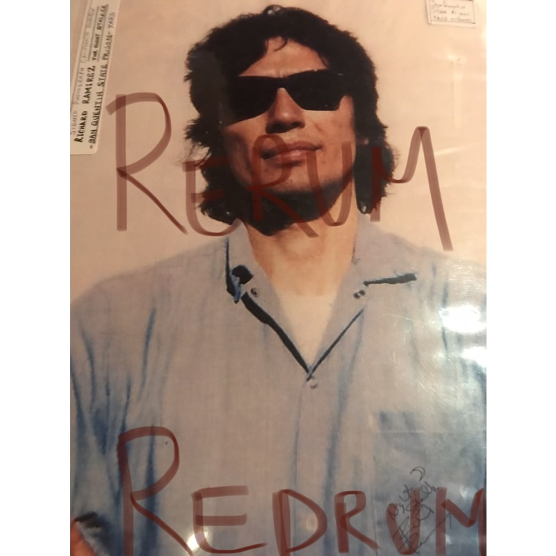 Deceased - Richard Ramirez the Night Stalker 8.5 x 11 color photocopy signed the Night Stalker Richard with a moon