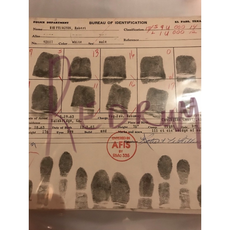 Robert Whittington original fingerprint chart from 1963