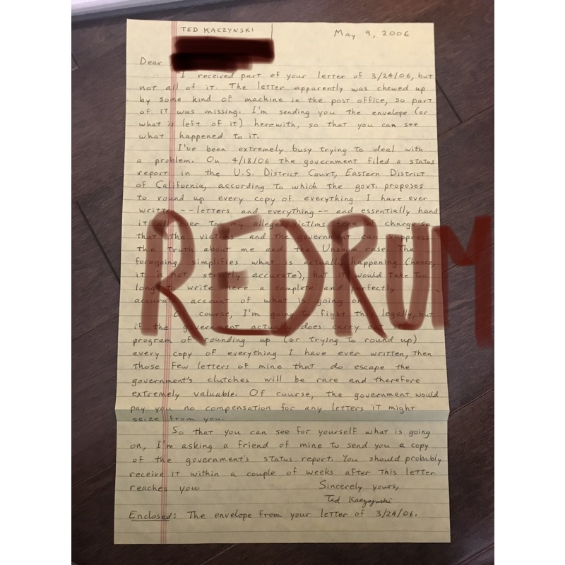 Theodore John Kaczynski handwritten letter with great info from 2006