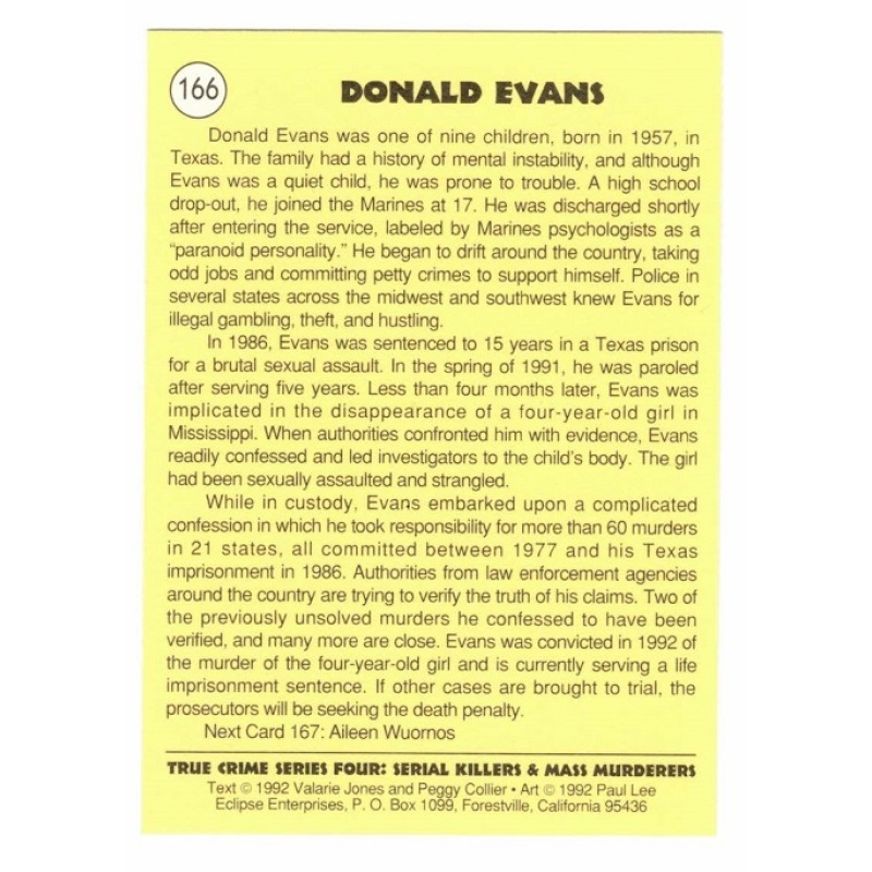 DONALD EVANS TRUE CRIME SERIES 4 TRADING CARD; CARD NO. 166