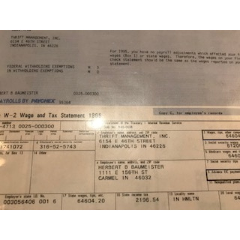 Deceased - Herbert Baumeister employee W-2 wage summary from 1995