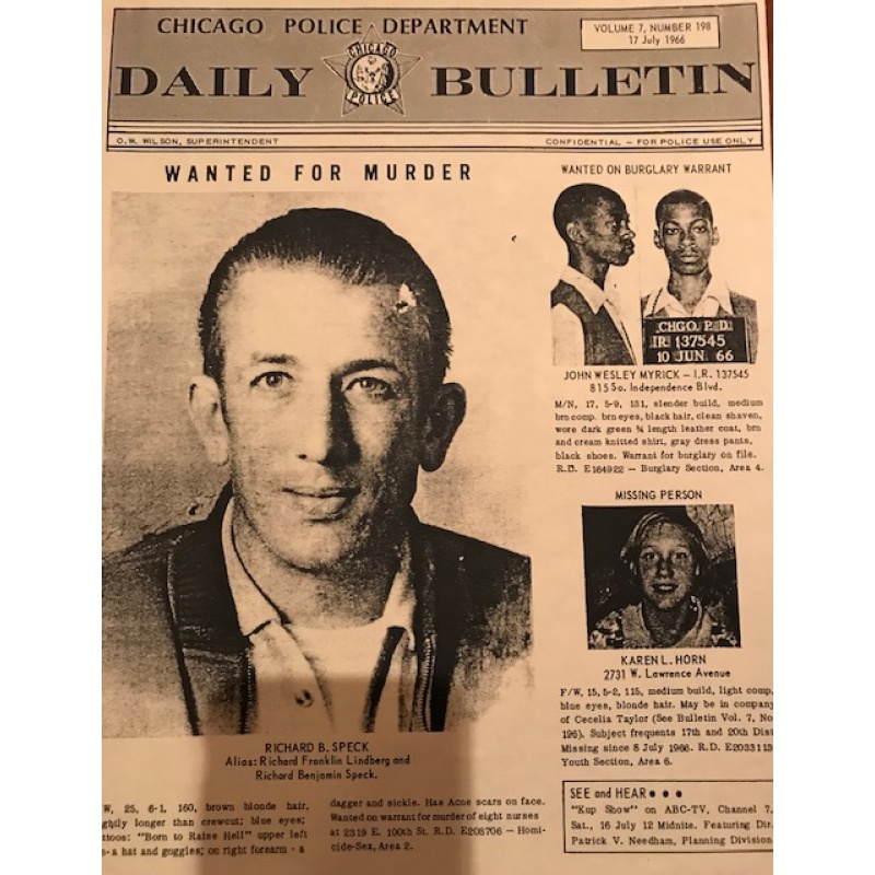 Richard Speck Reprinted Chicago Police Department Daily Bulletin Wanted for Murder poster from 1966