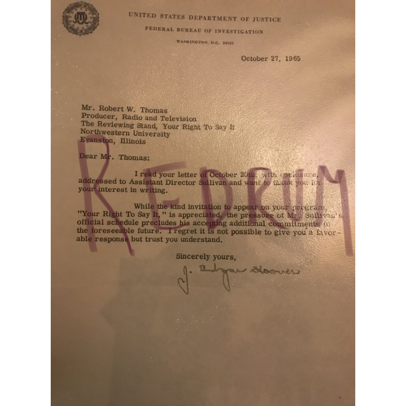 J. Edgar Hoover United States Deprtment of Justice TLS from 1965