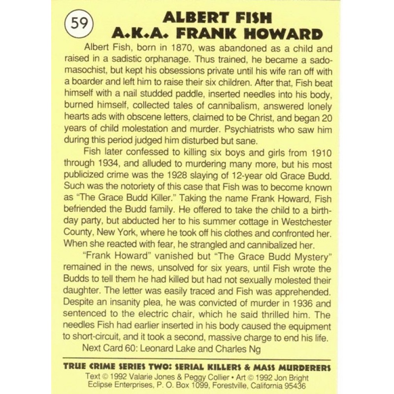 ALBERT FISH SERIES 2 TRUE CRIME TRADING CARD; CARD NO. 59