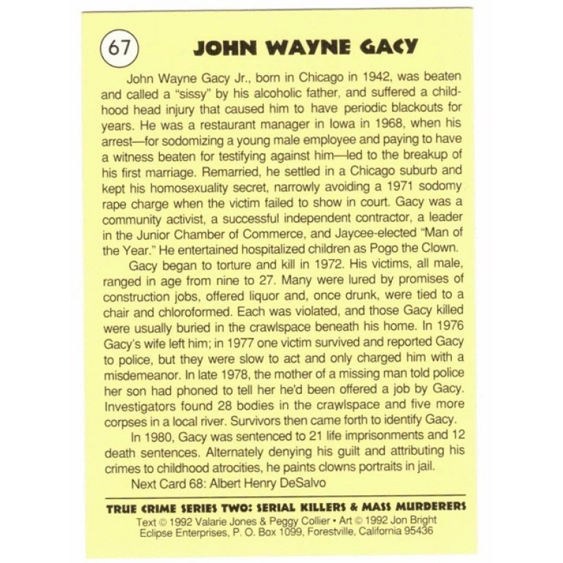 JOHN WAYNE GACY SERIES 2 TRUE CRIME TRADING CARD; CARD NO. 67