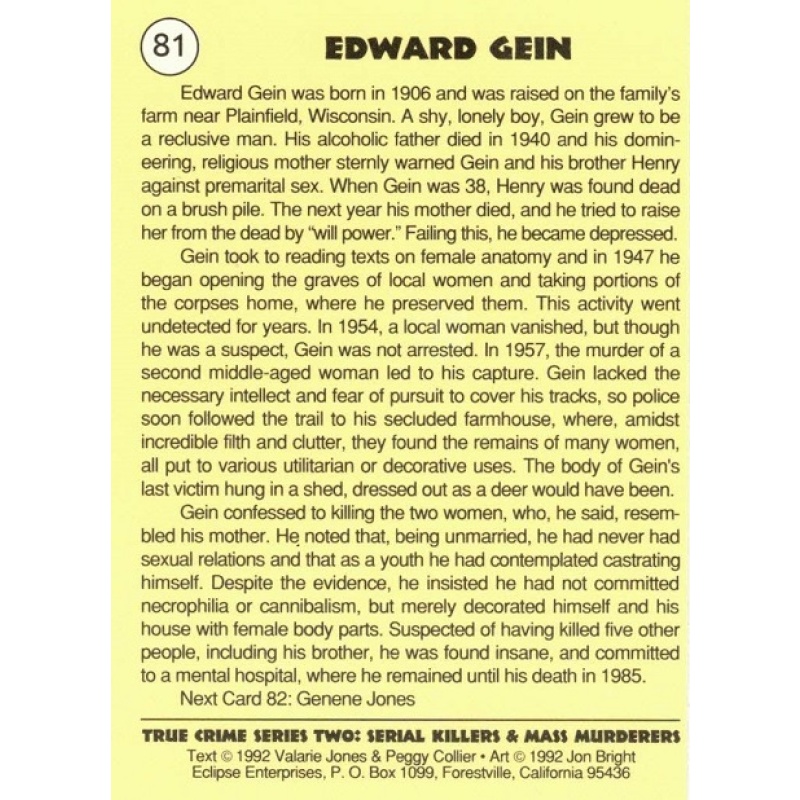 ED GEIN SERIES 2 TRUE CRIME TRADING CARD; CARD NO. 81