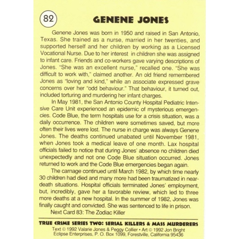 GENENE JONES SERIES 2 TRUE CRIME TRADING CARD; CARD NO. 82