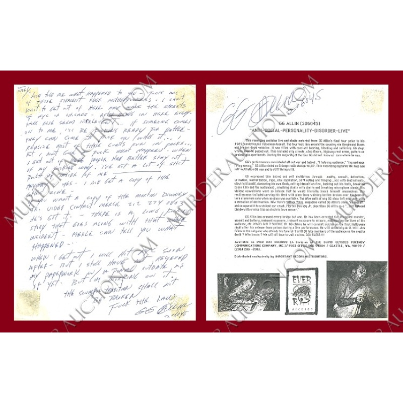 GG Allin prison letter DECEASED