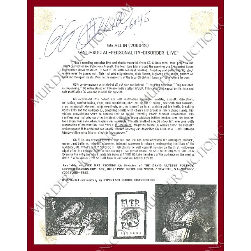 GG Allin prison letter DECEASED