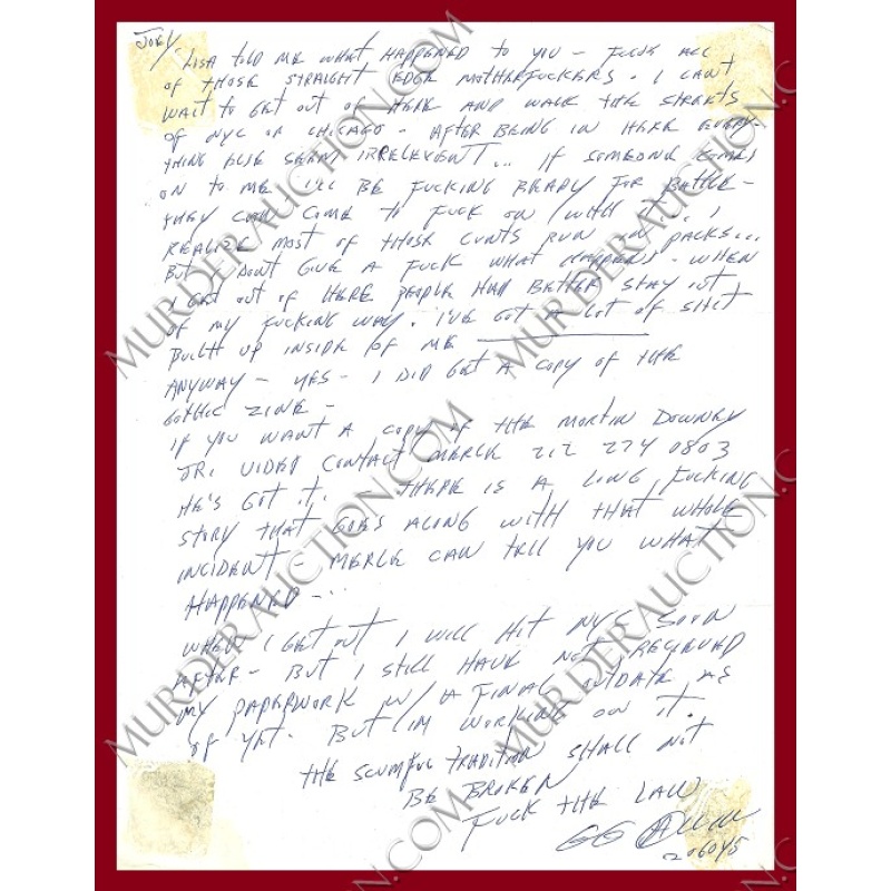 GG Allin prison letter DECEASED