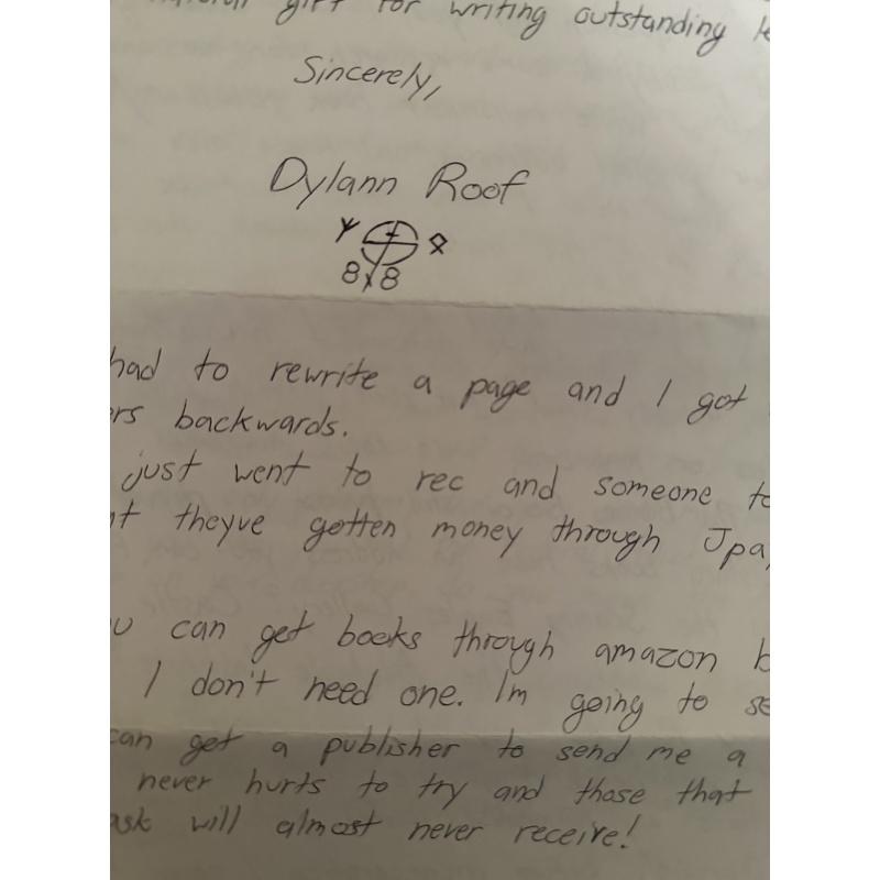 Dylann Storm Roof 6 Page Letter & Envelope Set