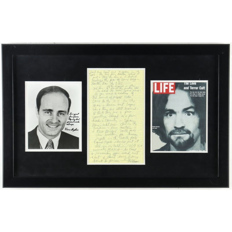 Signed Charles Manson letter to prosecutor with signed photo of prosecutor Vincent Bugluosi