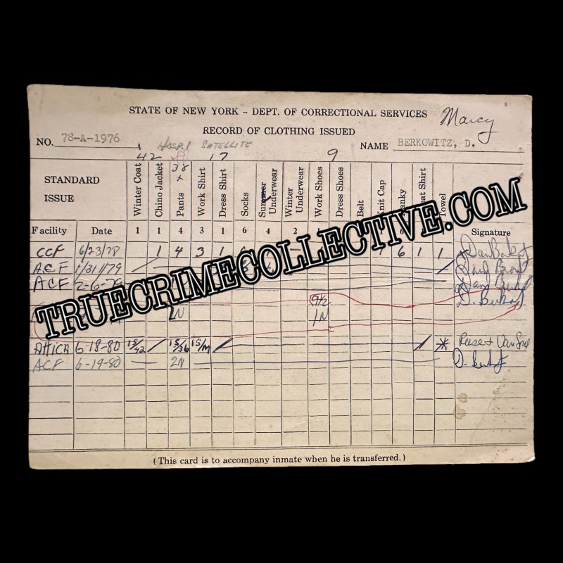 David Berkowitz Son of Sam Signed Prison Form