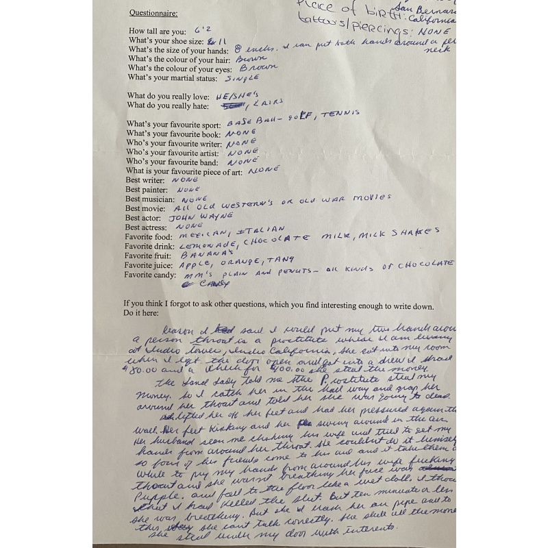 DECEASED SERIAL KILLER PHILLIP JABLONSKI HANDWRITTEN FILLED IN QUESTIONNAIRE