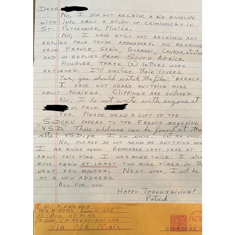 SERIAL KILLER PATRICK WAYNE KEARNEY HANDWRITTEN LETTER/ENVELOPE SET + EXTRA