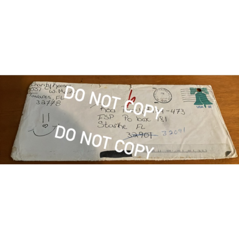 Charity Keese handwritten cut envelope addressed to Rod Ferrell postmarked March 1998