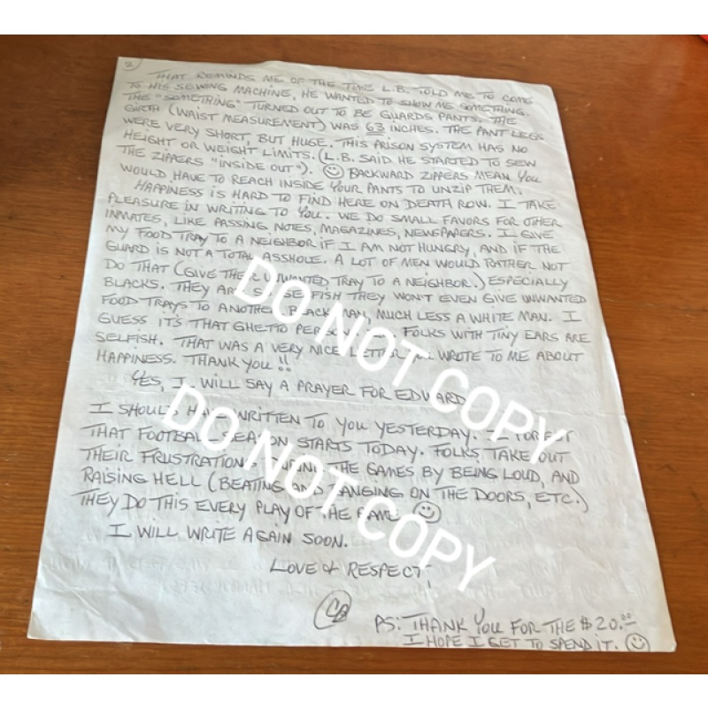 Deceased convicted murderer Carl Buntion handwritten letter