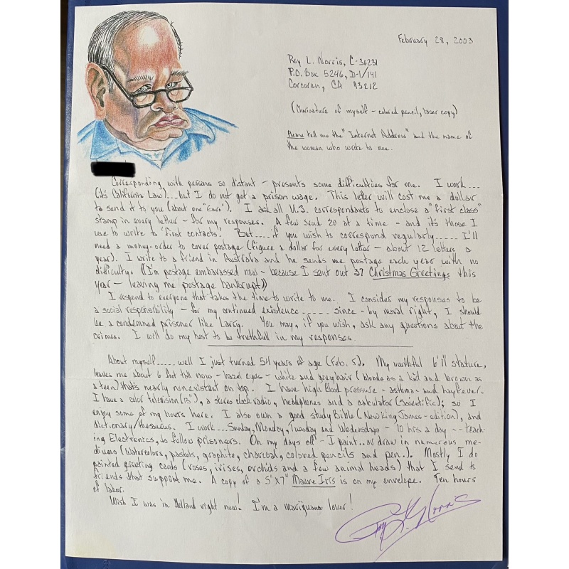 DECEASED SERIAL KILLER ROY NORRIS HANDWRITTEN LETTER/ENVELOPE SET