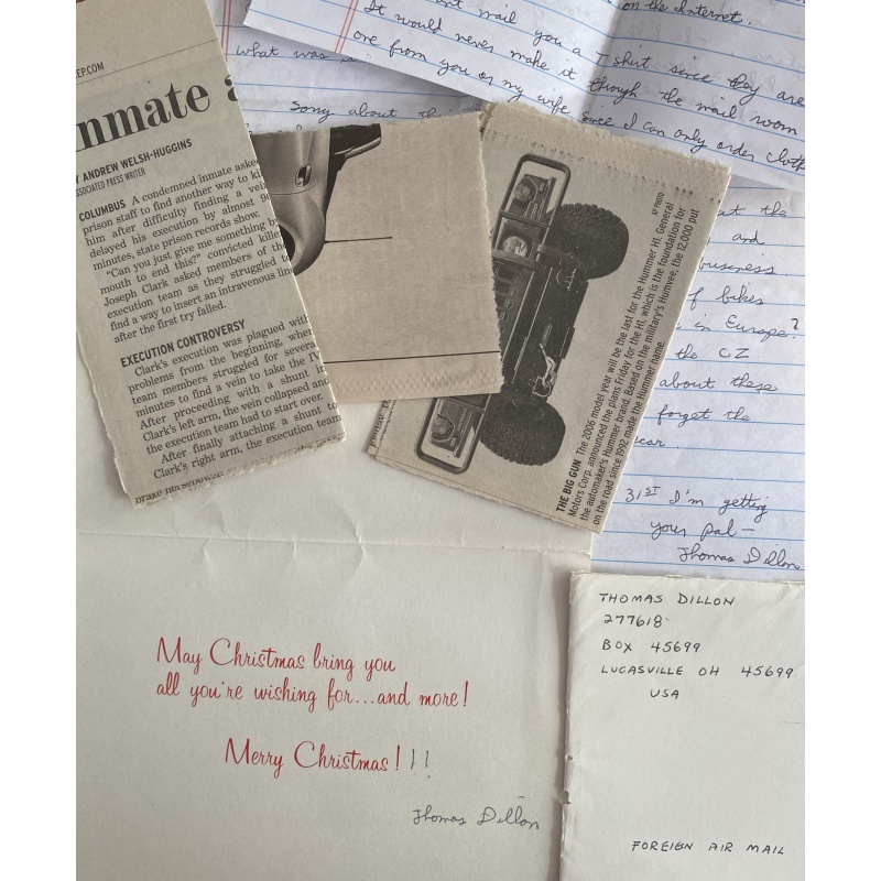 DECEASED SERIAL KILLER THOMAS DILLON LENGTHY HANDWRITTEN LETTER/ENVELOPE/CARD/CLIPPINGS SET