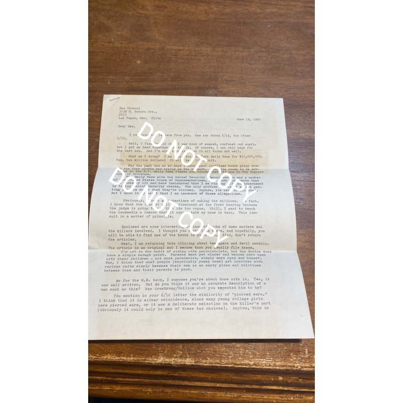 David Berkwoitz 1980 typed letter envelope set