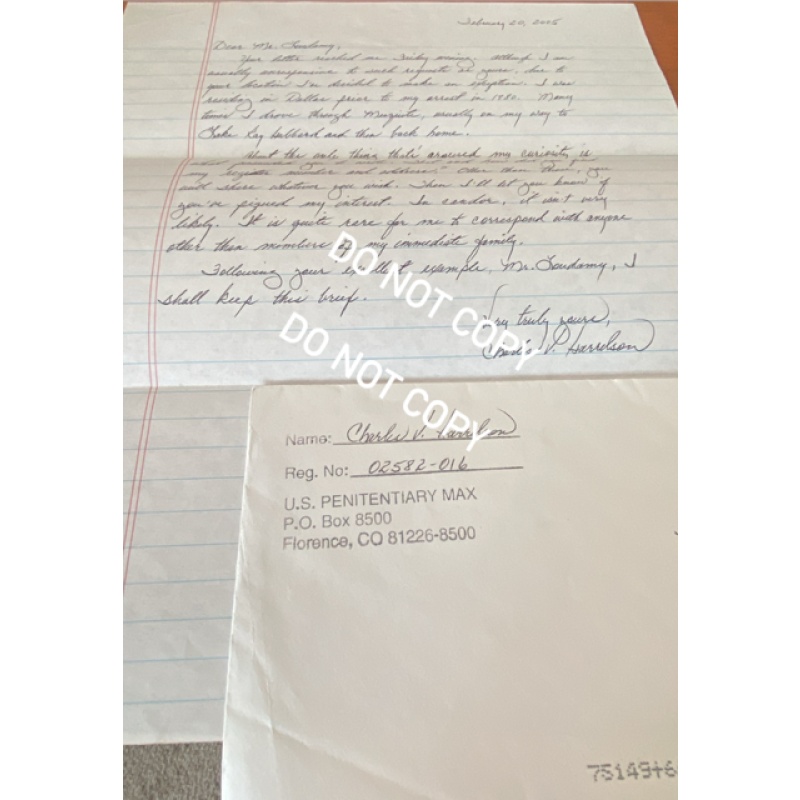 Deceased contract killer Charles Harrelson handwritten letter envelope set