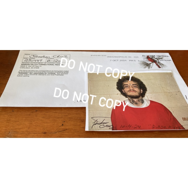 “The purge killer” Johnathan Cruz handwritten envelope and signed photograph