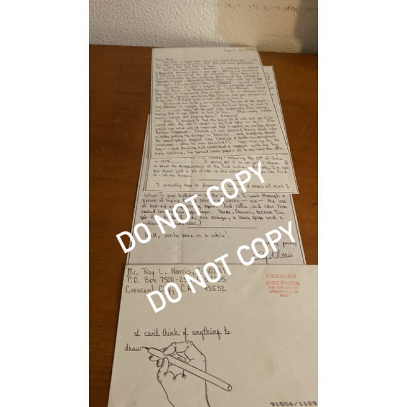 Deceased convicted serial killer Roy Norris handwritten envelope with artwork and handwritten letter