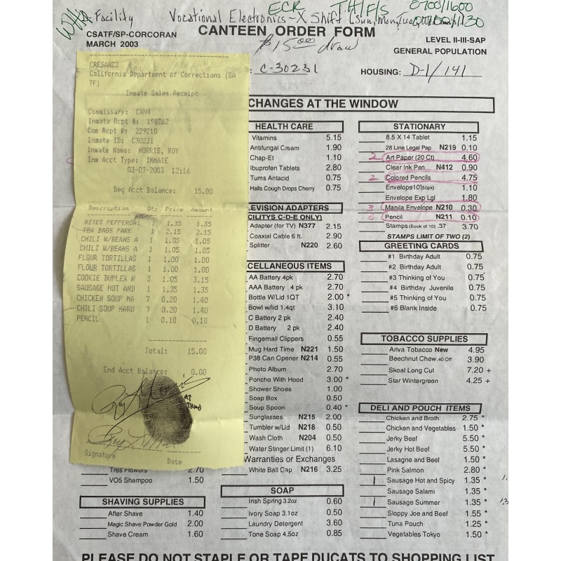 ROY NORRIS SIGNED/WRITTEN ON CANTEEN FORM & RECEIPT