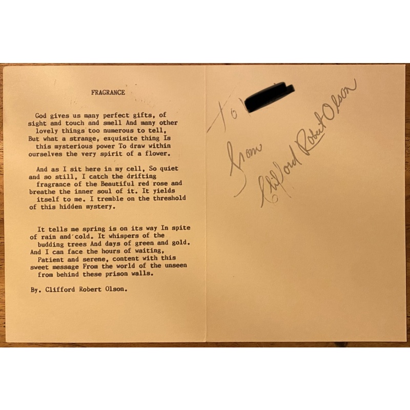 CARD WITH TYPED POEM SIGNED IN FULL BY CLIFFORD R. OLSON