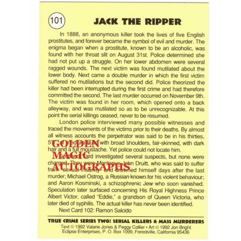 JACK THE RIPPER TRUE CRIME SERIES 2 TRADING CARD; CARD NO. 101