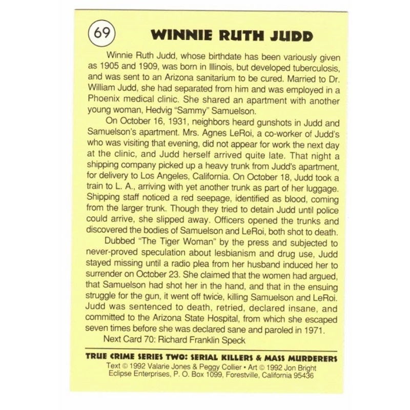 WINNIE JUDD SERIES 2 TRUE CRIME TRADING CARD; CARD NO. 69